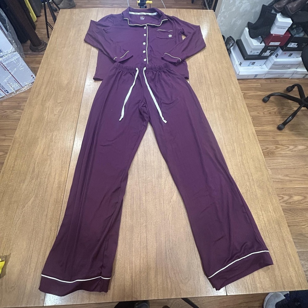 Børn Pajama Set Womens Small Purple Button Front Long Sleeve Drawstring Pants PJ